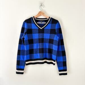 Rag & Bone Gabby Wool Buffalo Check V-Neck Pullover Sweater Blue/Black S